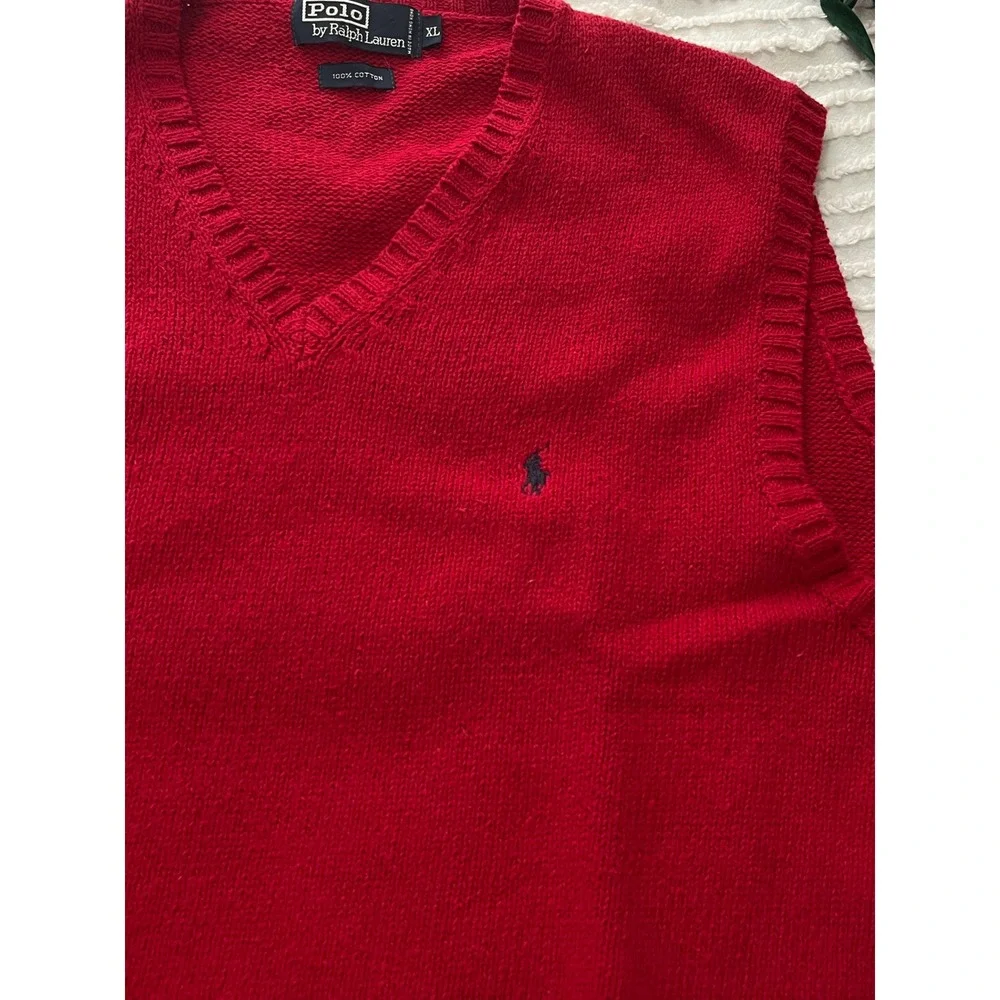 Polo Ralph Lauren Mens XL Red V-Neck 100% Cotton Knit Sweater Vest Navy Pony